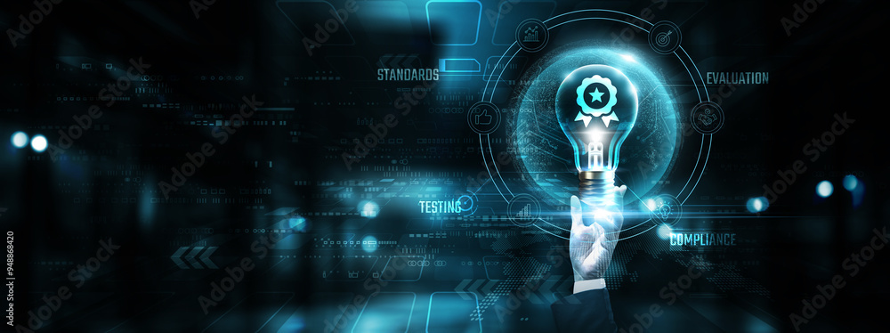 Poster quality assurance: hands of businessman holding light bulb and quality assurance icon with data netw