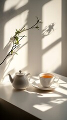Obraz premium An elegant tea set showcased on a minimalistic surface, with sunlight streaming through a window, casting soft shadows