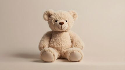 Obraz premium A soft, plush teddy bear sitting on a light pastel background, showcasing its intricate stitching and lifelike features