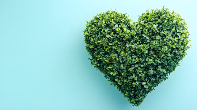 A beautifully trimmed topiary of a heart shape, set against a light pastel background with ample copy space