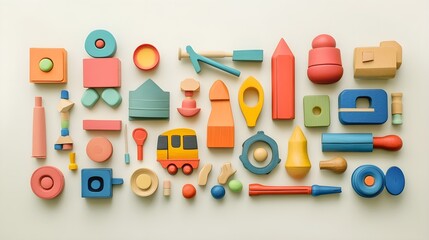 A colorful assortment of classic wooden toys arranged neatly on a light solid color background