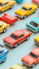 A set of miniature toy cars in vibrant colors displayed on a light solid color surface, showcasing their details