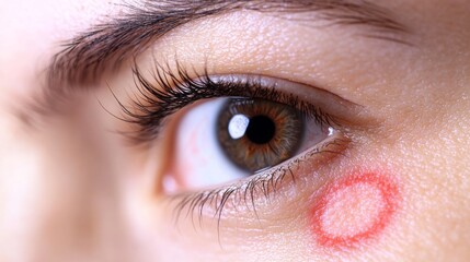 Fototapeta premium Macro shot of a human eye with visible skin irritation and a red circular rash below, highlighting a possible allergic reaction, infection, or dermatological condition