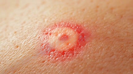 Macro shot of a red, ring-shaped rash on human skin, potentially indicating a tick bite, infection, or allergic reaction, highlighting dermatological and health concerns
