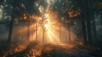 Sunlight streams through trees in a serene forest landscape during early morning hours, illuminating the misty surroundings