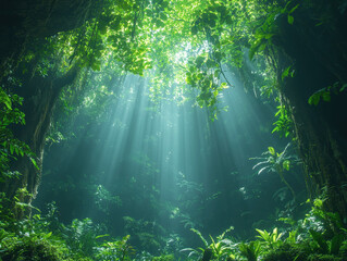 Fototapeta premium Sunlight filters through dense foliage in a lush, green rainforest during midday, highlighting the vibrant ecosystem below