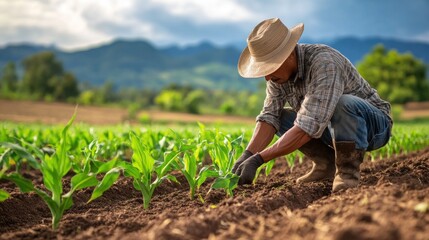 Farmer Tending to Corn Plants in a Field