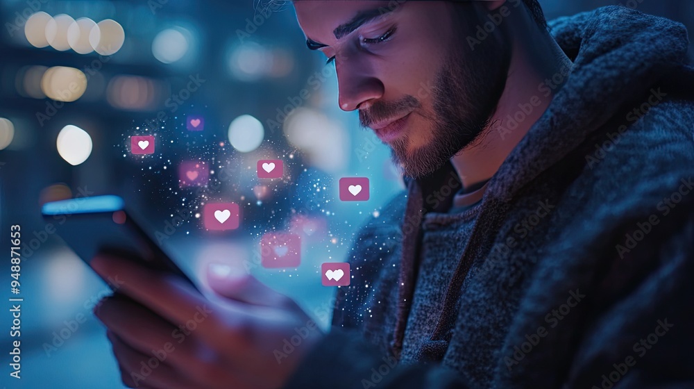 Poster close-up of a man scrolling through social media on a smartphone, with likes and comments icons popp