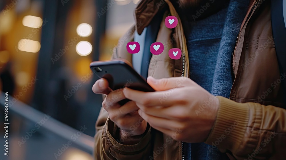 Poster close-up of a man scrolling through social media on a smartphone, with likes and comments icons popp