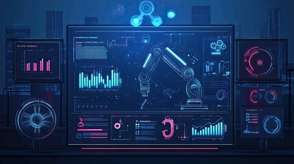 Obraz premium Digital interface displaying robotic process automation of business workflows, with streamlined processes and optimization tools highlighted.