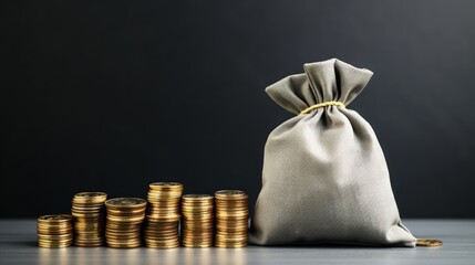 Stacking gold coin in treasure sack on black background. Neural network ai generated art