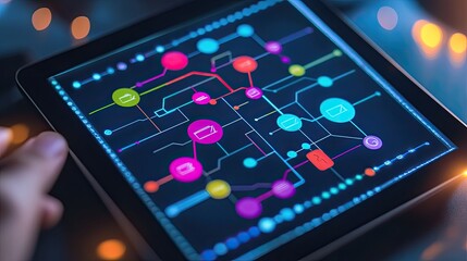 Fototapeta premium Digital tablet displaying a flowchart of a business idea, with colorful arrows and text boxes, emphasizing strategic planning and innovation.