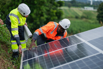 Service engineer inspects and maintains solar panels in a cultivation area, promoting clean energy.