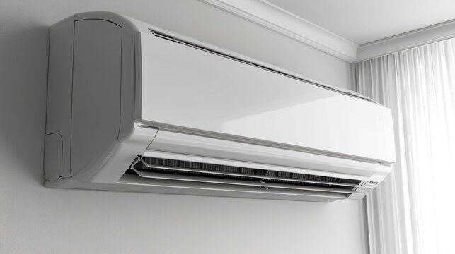 Ductless Air Conditioning. Clean Indoor Unit of Mini Split AC System Blowing Cold Air for Climate Control