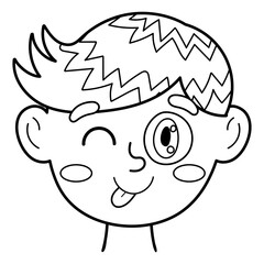 Obraz premium Silly boy face in black and white. Kid shows tongue clipart in outline. Excited emotion. Feeling concept vector illustration