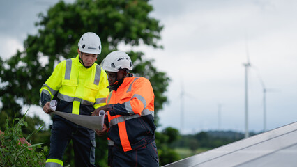 Service engineer inspects and maintains solar panels in a cultivation area, promoting clean energy.