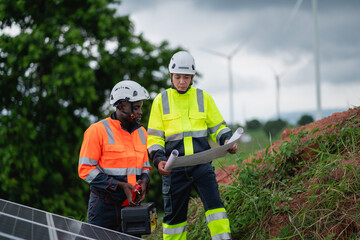 Service engineer inspects and maintains solar panels in a cultivation area, promoting clean energy.