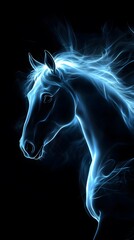 Horses in Neon on Black Background, Abstract Image, Texture, Pattern, Wallpaper, Cover and Screen for Smartphone, PC, Laptop, 9:16 and 16:9 Format