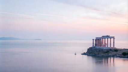 Obraz premium Ancient Greek temple ruins set on a cliff overlooking the ocean at sunrise. The temple is partially collapsed, with broken columns and overgrown vegetation. The sky is a soft pink, and the sea below i