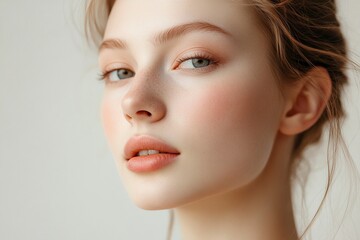 Naklejka premium Portrait of a young woman isolated on a light background. Skin care. Beautiful female model with perfectly clean fresh skin. Natural beauty and cosmetology concept generative ai