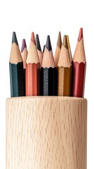 Set of colorful pencils in an elegant wooden holder isolated on a transparent background perfect for design and artrelated themes