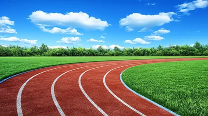 Fotobehang red running track surrounded by lush green grass under a clear blue sky, capturing the energy, competition, and perseverance of a track race in full motion © Your Hand Please
