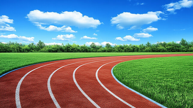 red running track surrounded by lush green grass under a clear blue sky, capturing the energy, competition, and perseverance of a track race in full motion