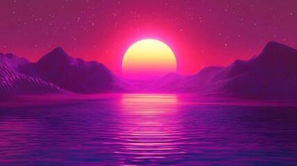 Naklejka premium Retro Sunset Over Mountains and Lake