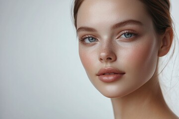 Fototapeta premium Portrait of a young woman isolated on a light background. Skin care. Beautiful female model with perfectly clean fresh skin. Natural beauty and cosmetology concept generative ai