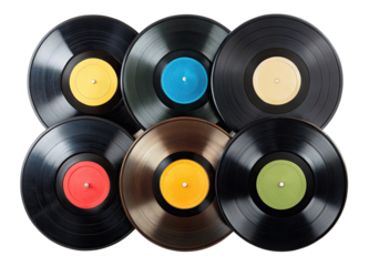 Collection of vinyl records with colorful labels stacked together isolated with transparent background.