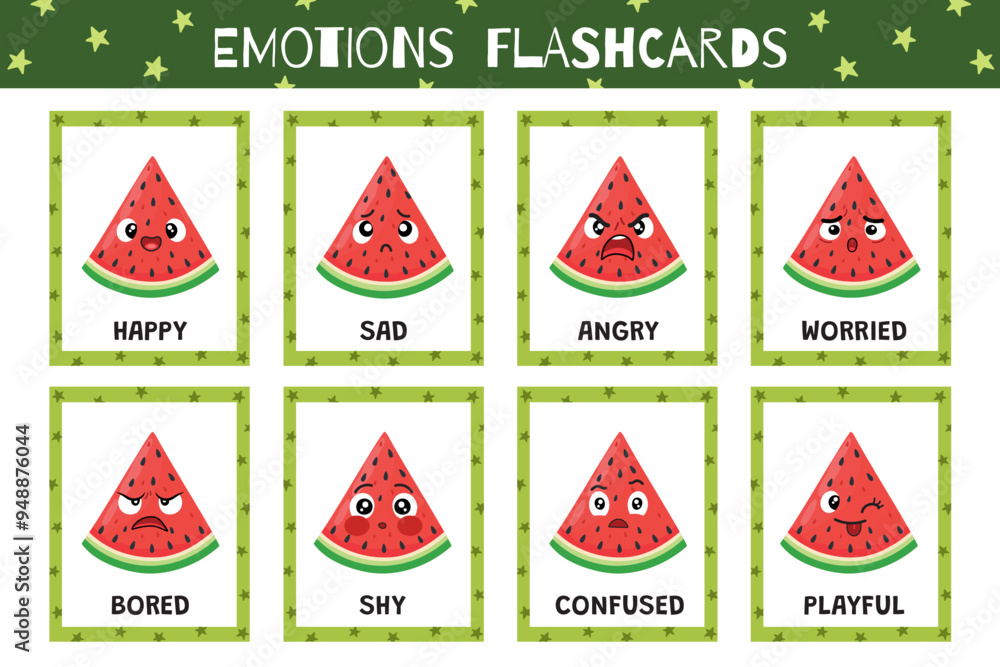 Wall mural watermelon emotions flashcards collection. flash cards set with cute fruit character for practicing 