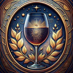 Elegant glass of wine with intricate designs, representing sophistication and luxury against a cosmic and ornate background with copy space
