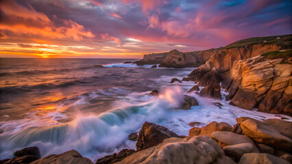 A rocky coastline at sunset, with waves crashing against the cliffs. The sky is ablaze with oranges and purples, and the sea reflects the colors, creating a dramatic and powerful scene