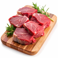 pieces of raw sirloin meat on a chopping board isolated