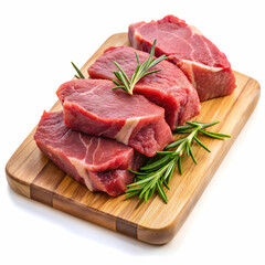pieces of raw sirloin meat on a chopping board isolated