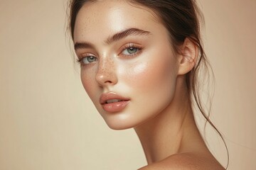 Fototapeta premium Portrait of a young woman isolated on a light background. Skin care. Beautiful female model with perfectly clean fresh skin. Natural beauty and cosmetology concept generative ai