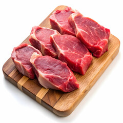 pieces of raw sirloin meat on a chopping board isolated