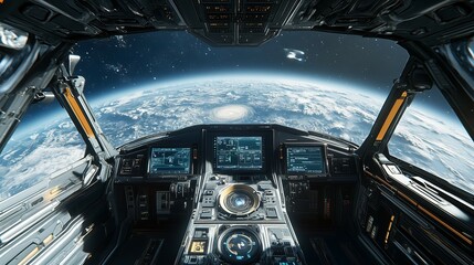 view from the cockpit of a futuristic spaceship exploring the vast reaches of deep space, vibrant stars, and planets, new beautiful stock image illustration AI