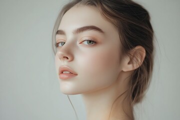 Fototapeta premium Portrait of a young woman isolated on a light background. Skin care. Beautiful female model with perfectly clean fresh skin. Natural beauty and cosmetology concept generative ai