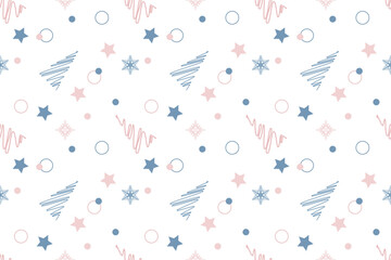Pink grey snowflakes circles new year tree seamless vector pattern Packaging Textile Wrapping paper Winter holiday mood design Isolated background December mood Christmas time Xmas season Typography