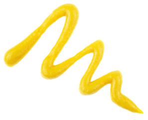 Mustard sauce isolated on a white background, top view. Honey mustard salad dressing splash.