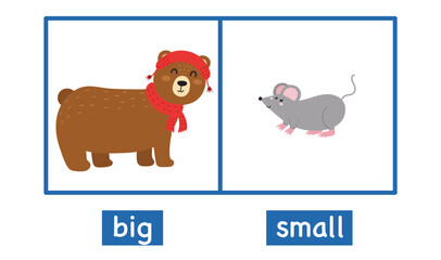 Big and small opposite adjectives flashcards. Educational poster with bear and mouse for school and preschool. Activity page for kids. Vector illustration