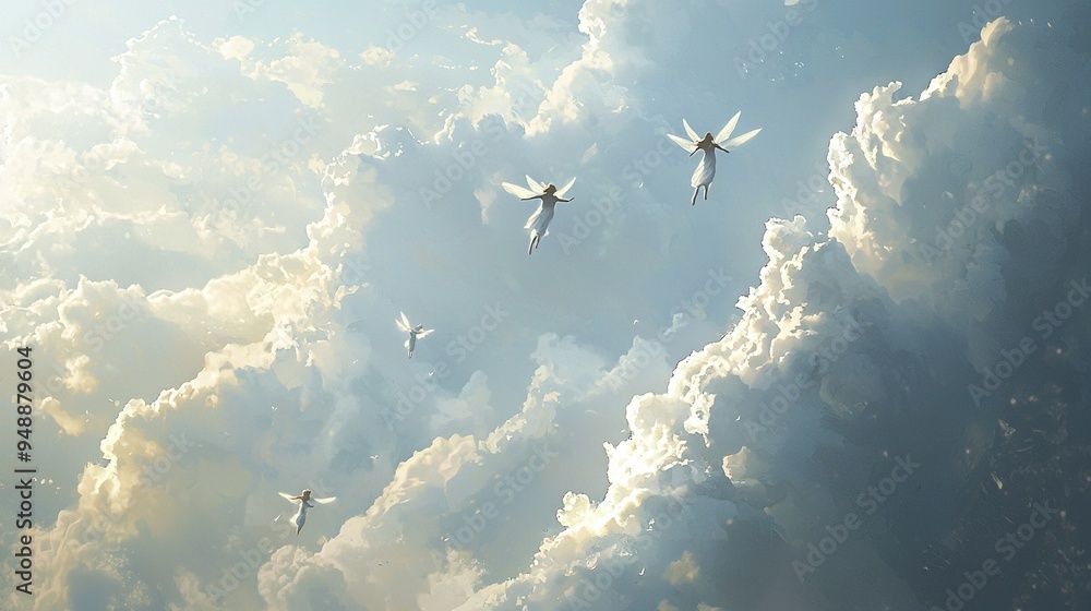 Canvas Prints   A flock of birds traversing a cloudy sky with white wisps in the foreground, all moving in unison