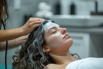 Fototapeta premium A woman receiving a relaxing facial treatment at a modern spa, scheduling time for self-care and rejuvenation
