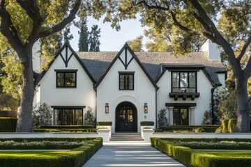 This beautiful white brick home features dark wood accents and a striking gable roof, surrounded by vibrant landscaping in the upscale Beverly Hills neighborhood known for its luxury properties