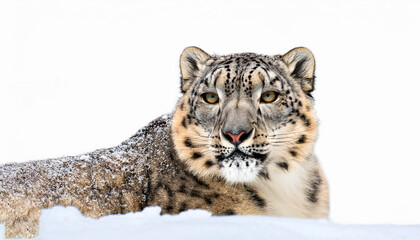 Obraz premium Hyper realistic image of Snow leopard in snow isolated on a white background 