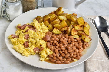 scramble eggs top with spam  and pepper with baked beans