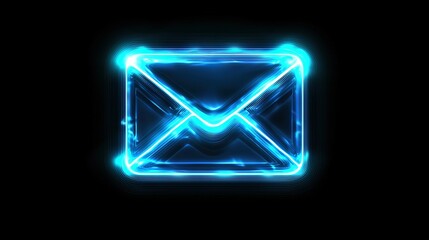   A glowing blue email envelope on a black background with light emanating from the bottom