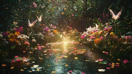   A tranquil pond brimming with vibrant blooms lies adjacent to an expansive wetland teeming with lush water lilies and fluttering butterflies