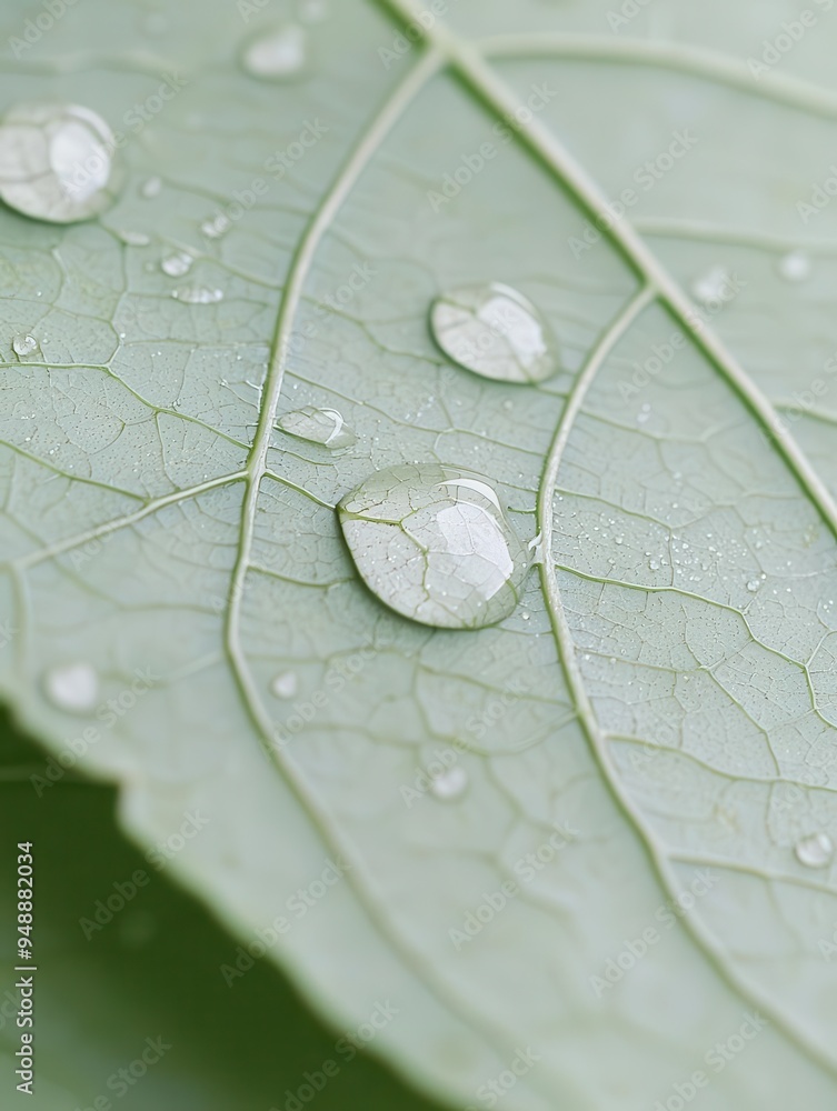 Poster a raindrop glistens on a leaf, showcasing nature's delicate design with intricate veining in macro v